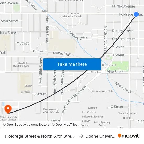 Holdrege Street & North 67th Street, SW to Doane University map