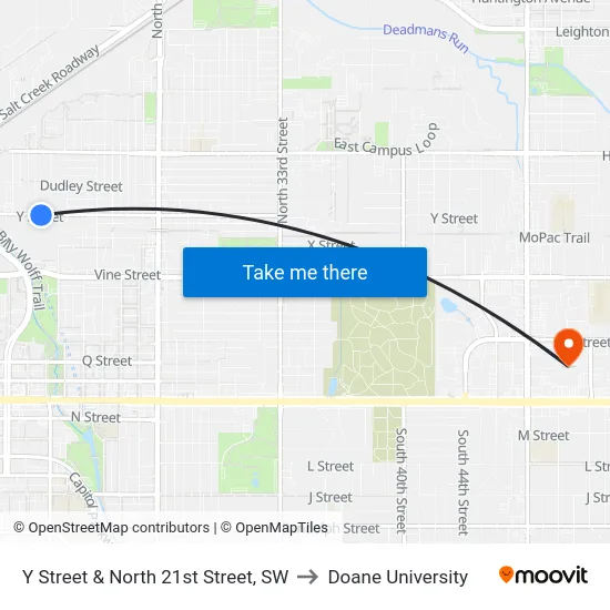Y Street & North 21st Street, SW to Doane University map