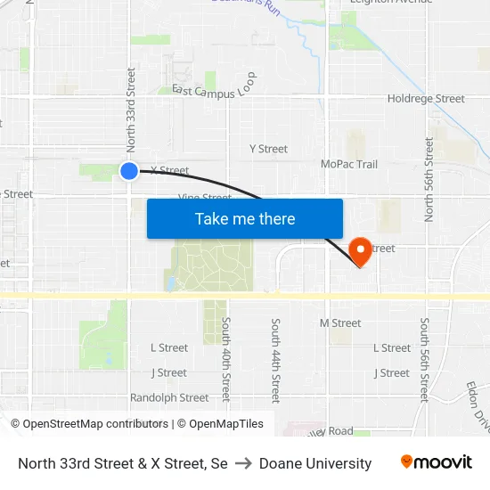 North 33rd Street & X Street, Se to Doane University map