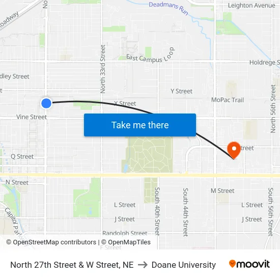 North 27th Street & W Street, NE to Doane University map