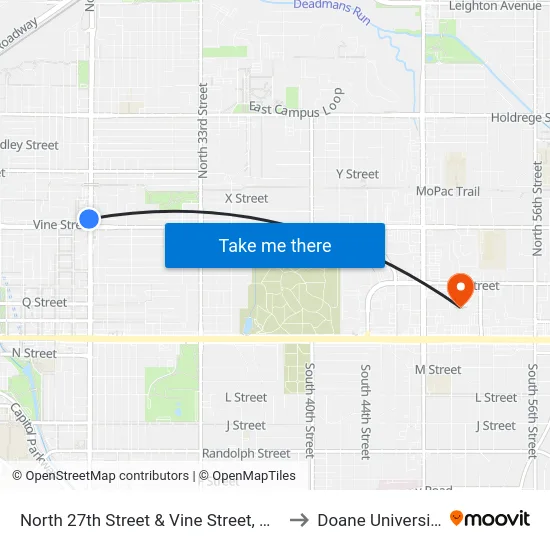 North 27th Street & Vine Street, NW to Doane University map
