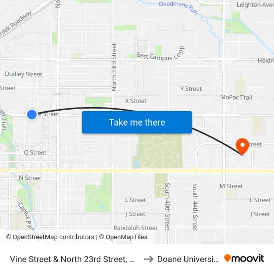 Vine Street & North 23rd Street, NE to Doane University map