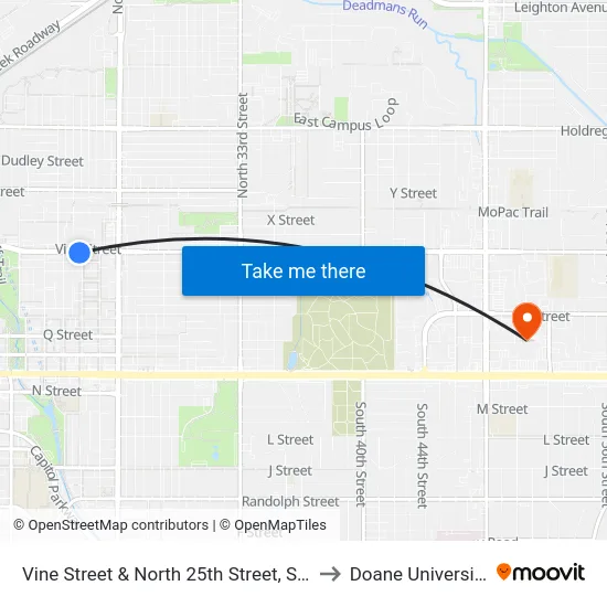 Vine Street & North 25th Street, SW to Doane University map