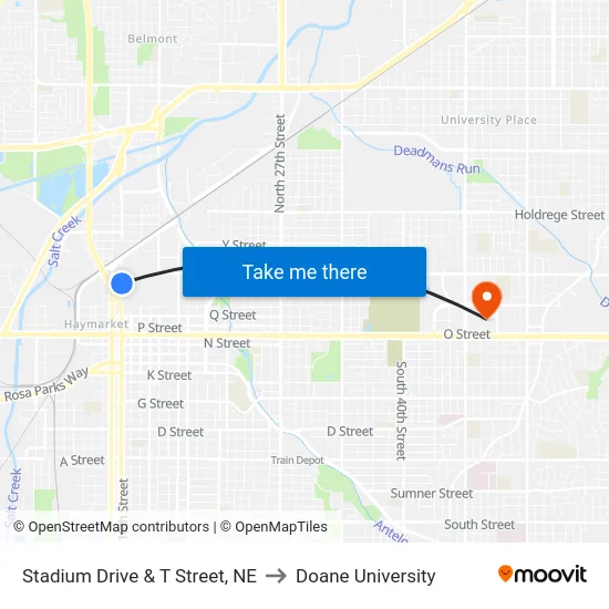 Stadium Drive & T Street, NE to Doane University map