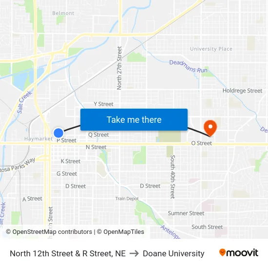 North 12th Street & R Street, NE to Doane University map