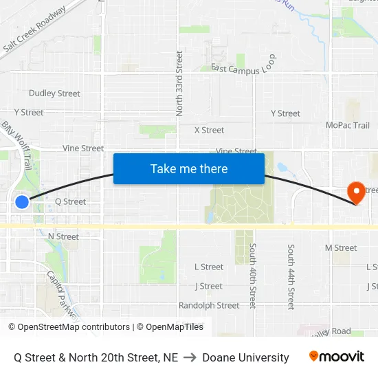 Q Street & North 20th Street, NE to Doane University map