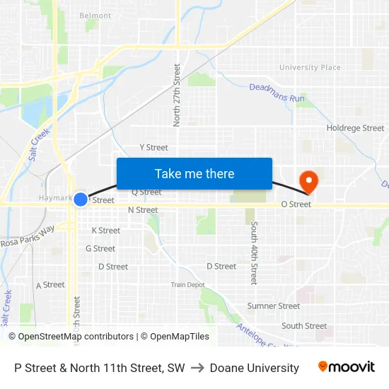 P Street & North 11th Street, SW to Doane University map