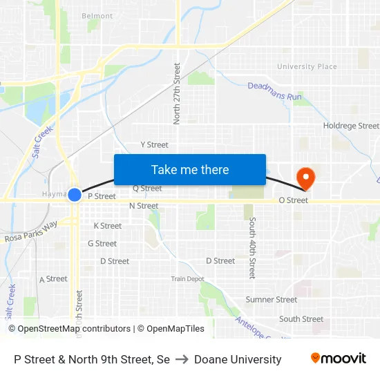 P Street & North 9th Street, Se to Doane University map