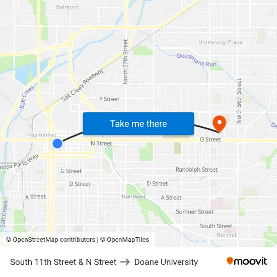 South 11th Street & N Street to Doane University map