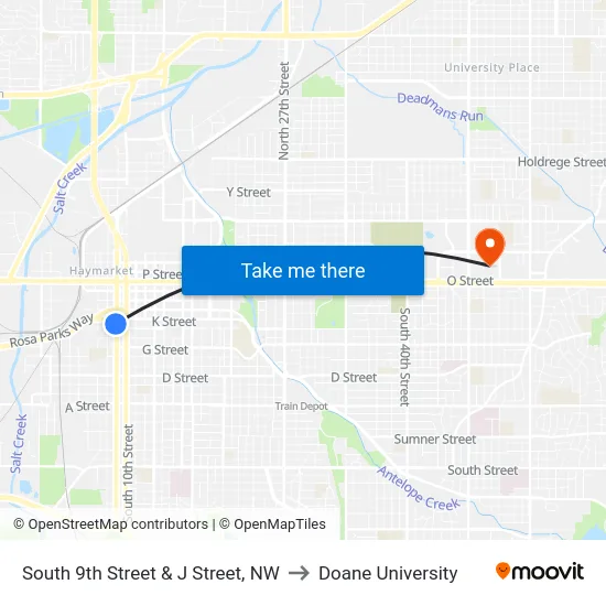 South 9th Street & J Street, NW to Doane University map