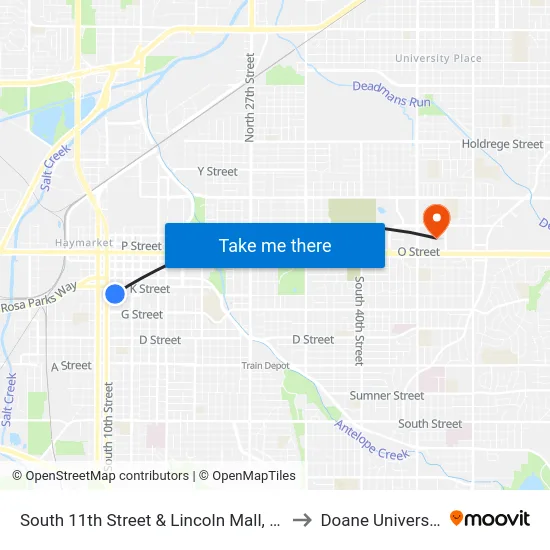 South 11th Street & Lincoln Mall, NW to Doane University map