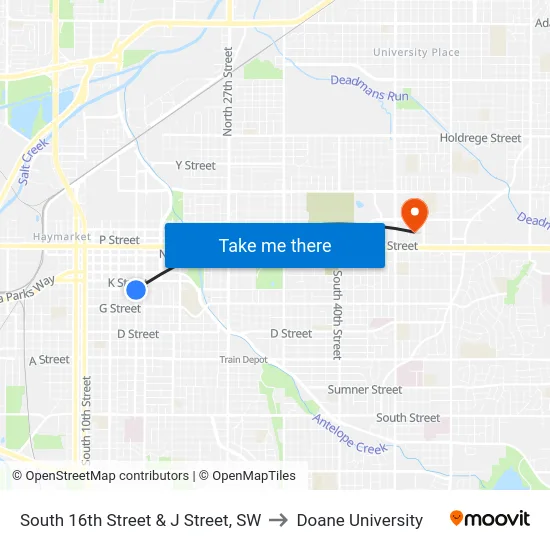 South 16th Street & J Street, SW to Doane University map