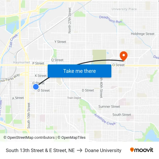 South 13th Street & E Street, NE to Doane University map