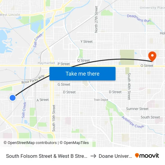 South Folsom Street & West B Street, SW to Doane University map