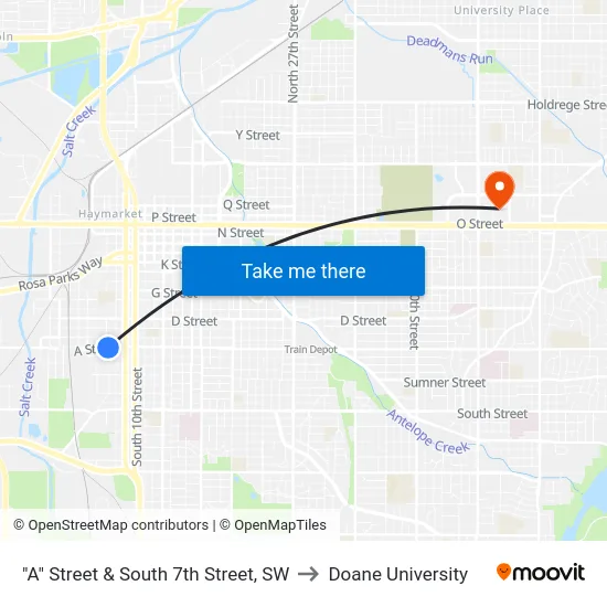 "A" Street & South 7th Street, SW to Doane University map
