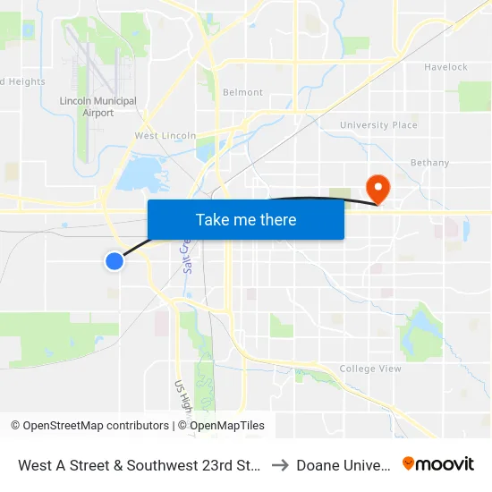 West A Street & Southwest 23rd Street, Se to Doane University map