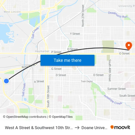 West A Street & Southwest 10th Street, NE to Doane University map