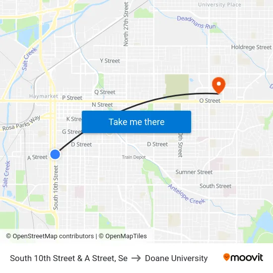 South 10th Street & A Street, Se to Doane University map