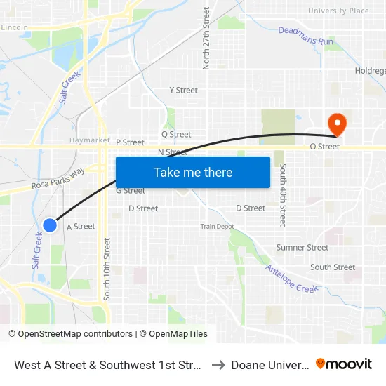 West A Street & Southwest 1st Street, NE to Doane University map