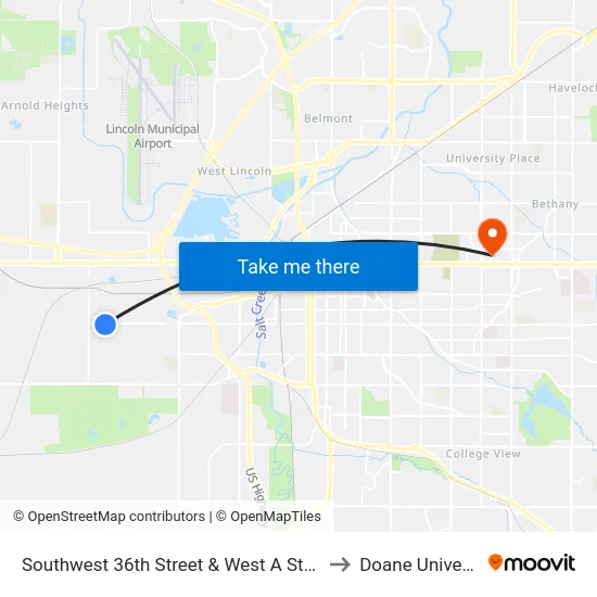 Southwest 36th Street & West A Street, Se to Doane University map