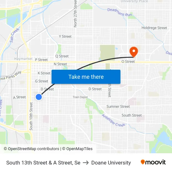 South 13th Street & A Street, Se to Doane University map