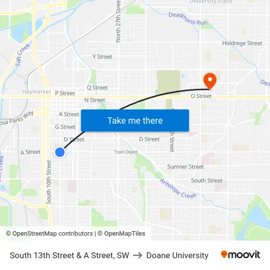 South 13th Street & A Street, SW to Doane University map