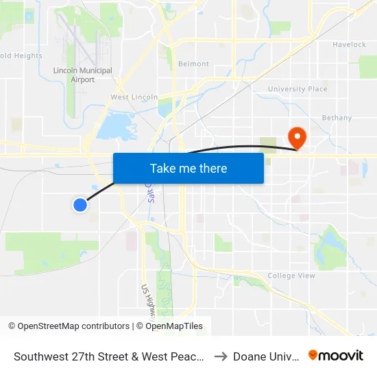 Southwest 27th Street & West Peach Street, NE to Doane University map