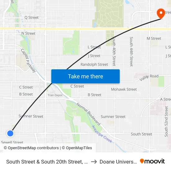 South Street & South 20th Street, SW to Doane University map