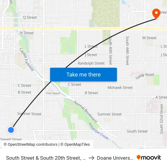 South Street & South 20th Street, NE to Doane University map