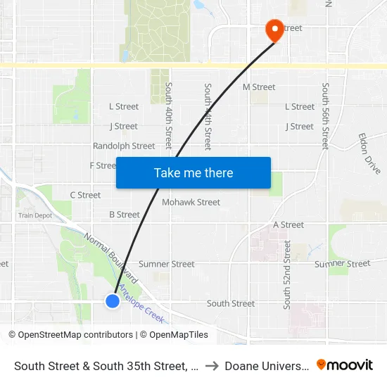 South Street & South 35th Street, NE to Doane University map