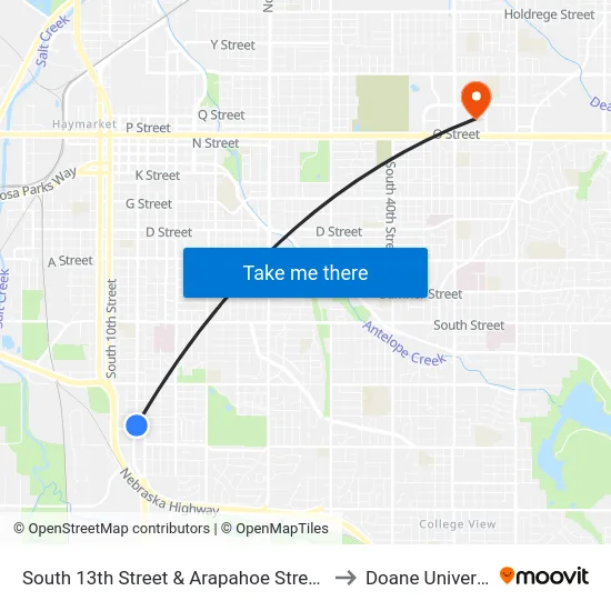 South 13th Street & Arapahoe Street, NW to Doane University map