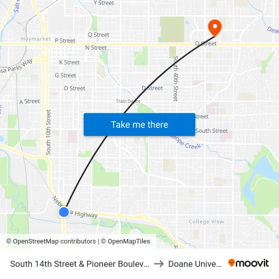 South 14th Street & Pioneer Boulevard, NE to Doane University map