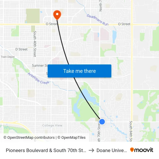 Pioneers Boulevard & South 70th Street, NE to Doane University map