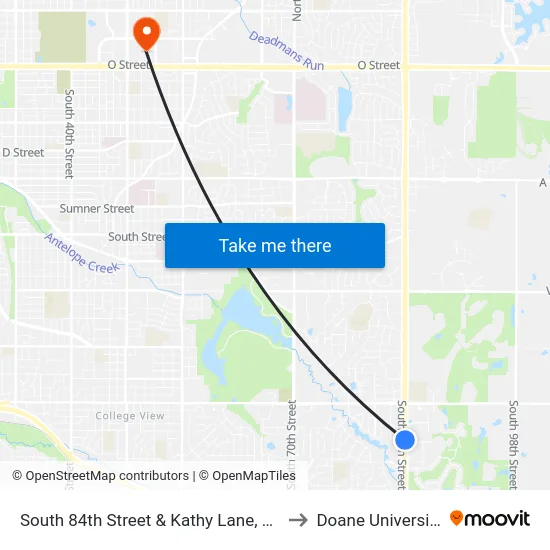 South 84th Street & Kathy Lane, NE to Doane University map