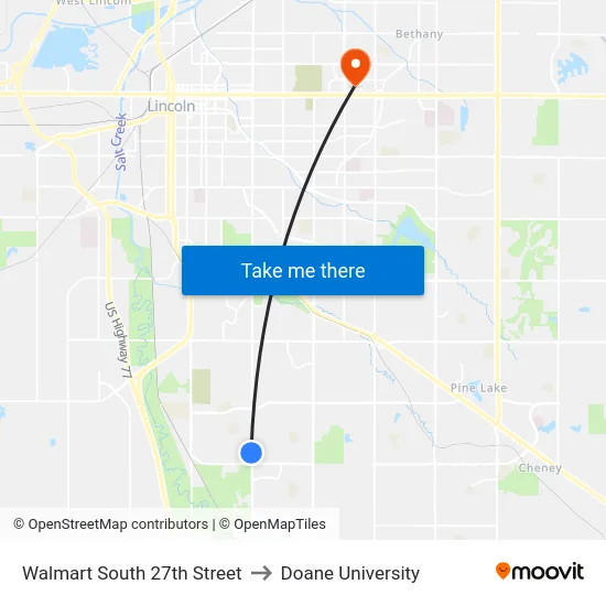 Walmart South 27th Street to Doane University map