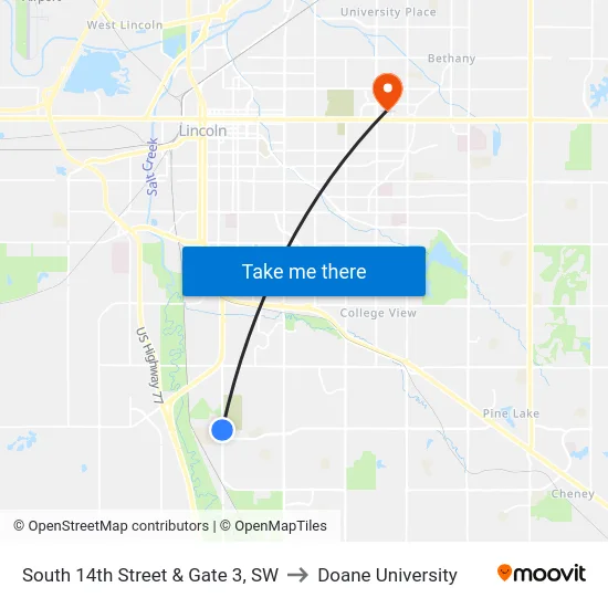 South 14th Street & Gate 3, SW to Doane University map