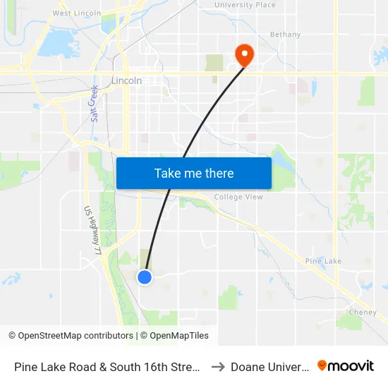 Pine Lake Road & South 16th Street, SW to Doane University map