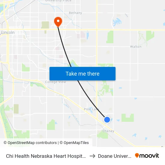 Chi Health Nebraska Heart Hospital, NE to Doane University map