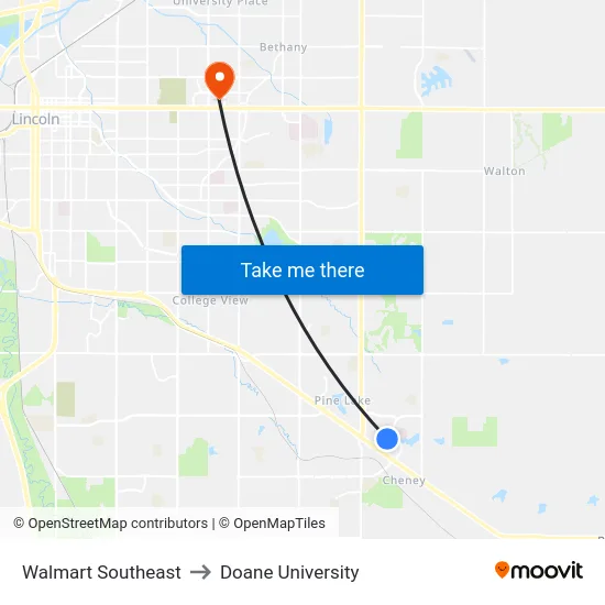 Walmart Southeast to Doane University map