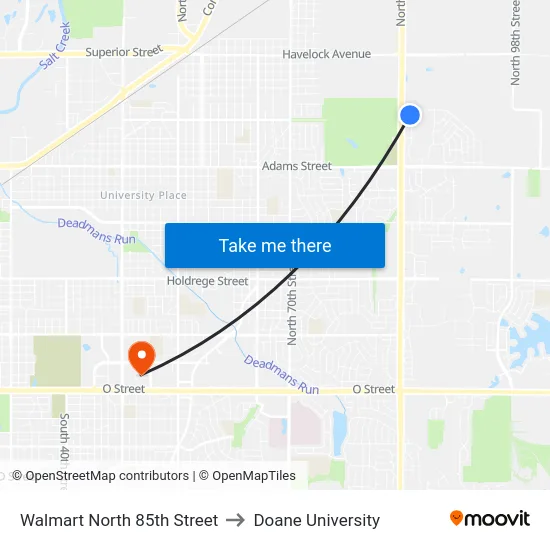 Walmart North 85th Street to Doane University map