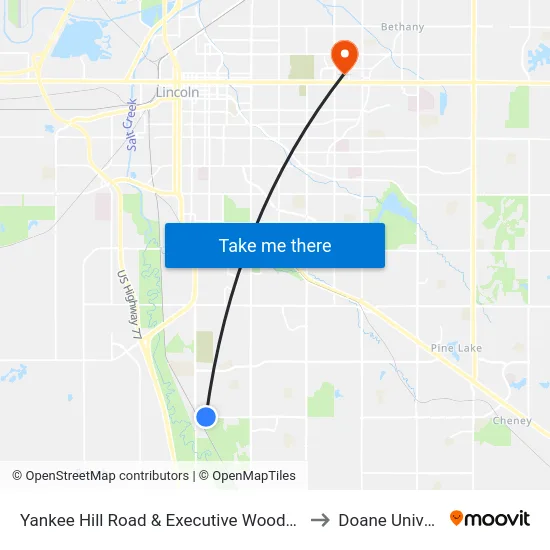 Yankee Hill Road & Executive Woods Drive, NE to Doane University map