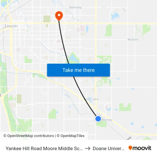 Yankee Hill Road Moore Middle School to Doane University map
