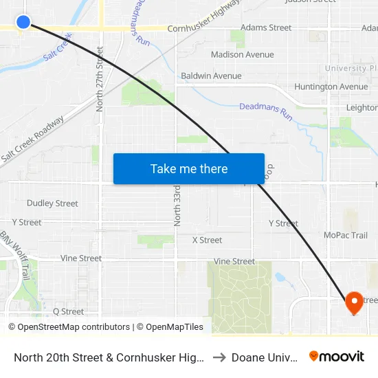 North 20th Street & Cornhusker Highway, NW to Doane University map