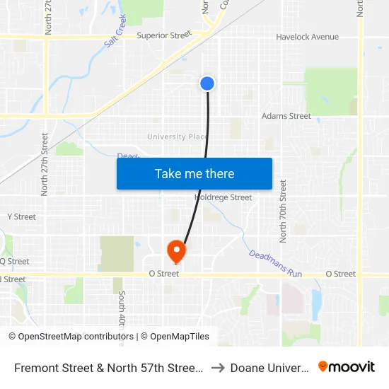 Fremont Street & North 57th Street, SW to Doane University map