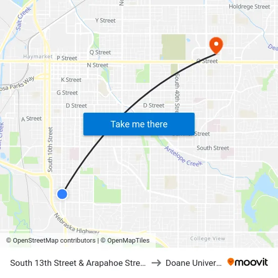 South 13th Street & Arapahoe Street, NE to Doane University map