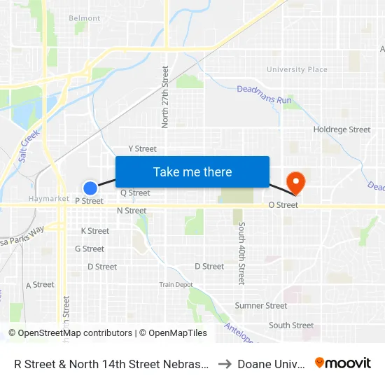 R Street & North 14th Street Nebraska Union, S to Doane University map