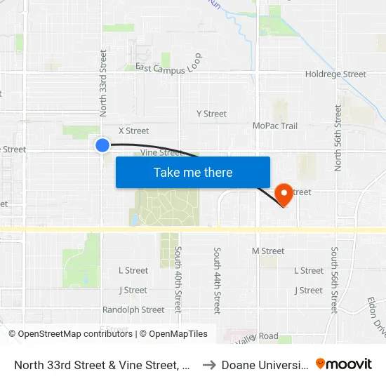 North 33rd Street & Vine Street, NE to Doane University map