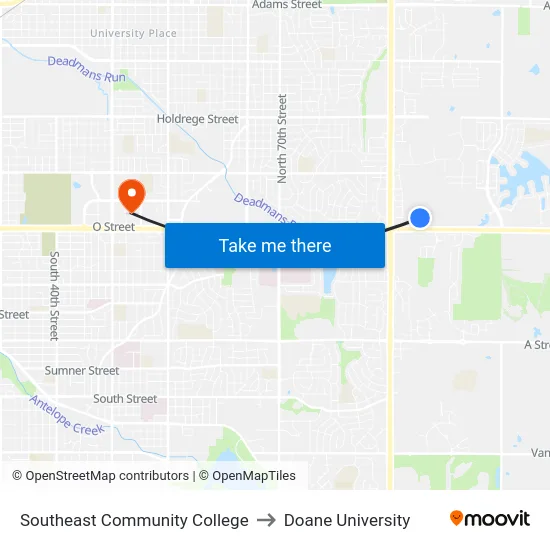 Southeast Community College to Doane University map