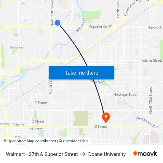 Walmart - 27th & Superior Street to Doane University map