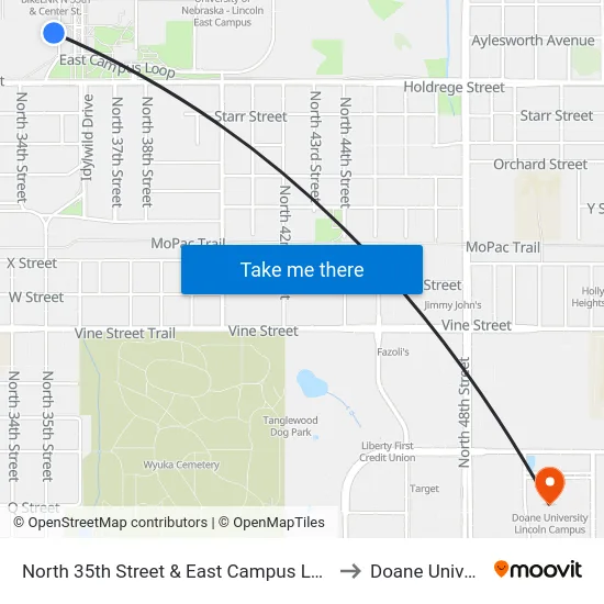North 35th Street & East Campus Loop South to Doane University map